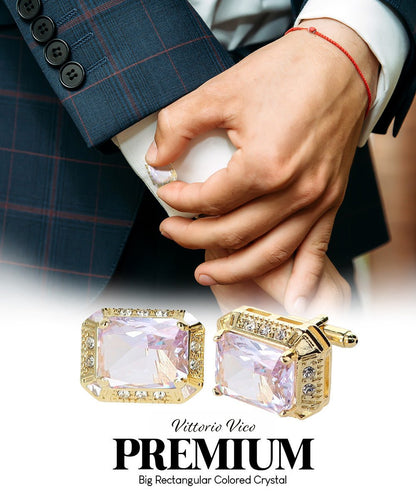 Vittorio Vico Large Big Rectangular Crystal Colorstone Cufflinks: CL73XX Series - Clear and Gold - Cufflinks - Vittorio Vico