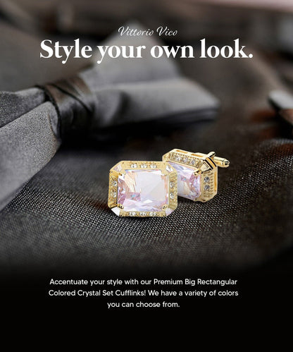 Vittorio Vico Large Big Rectangular Crystal Colorstone Cufflinks: CL73XX Series - Clear and Gold - Cufflinks - Vittorio Vico