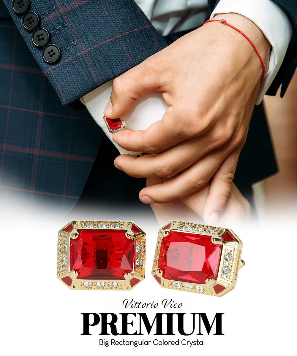 Vittorio Vico Large Big Rectangular Crystal Colorstone Cufflinks: CL73XX Series - Deep Red and Gold - Cufflinks - Vittorio Vico