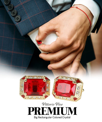 Vittorio Vico Large Big Rectangular Crystal Colorstone Cufflinks: CL73XX Series - Deep Red and Gold - Cufflinks - Vittorio Vico
