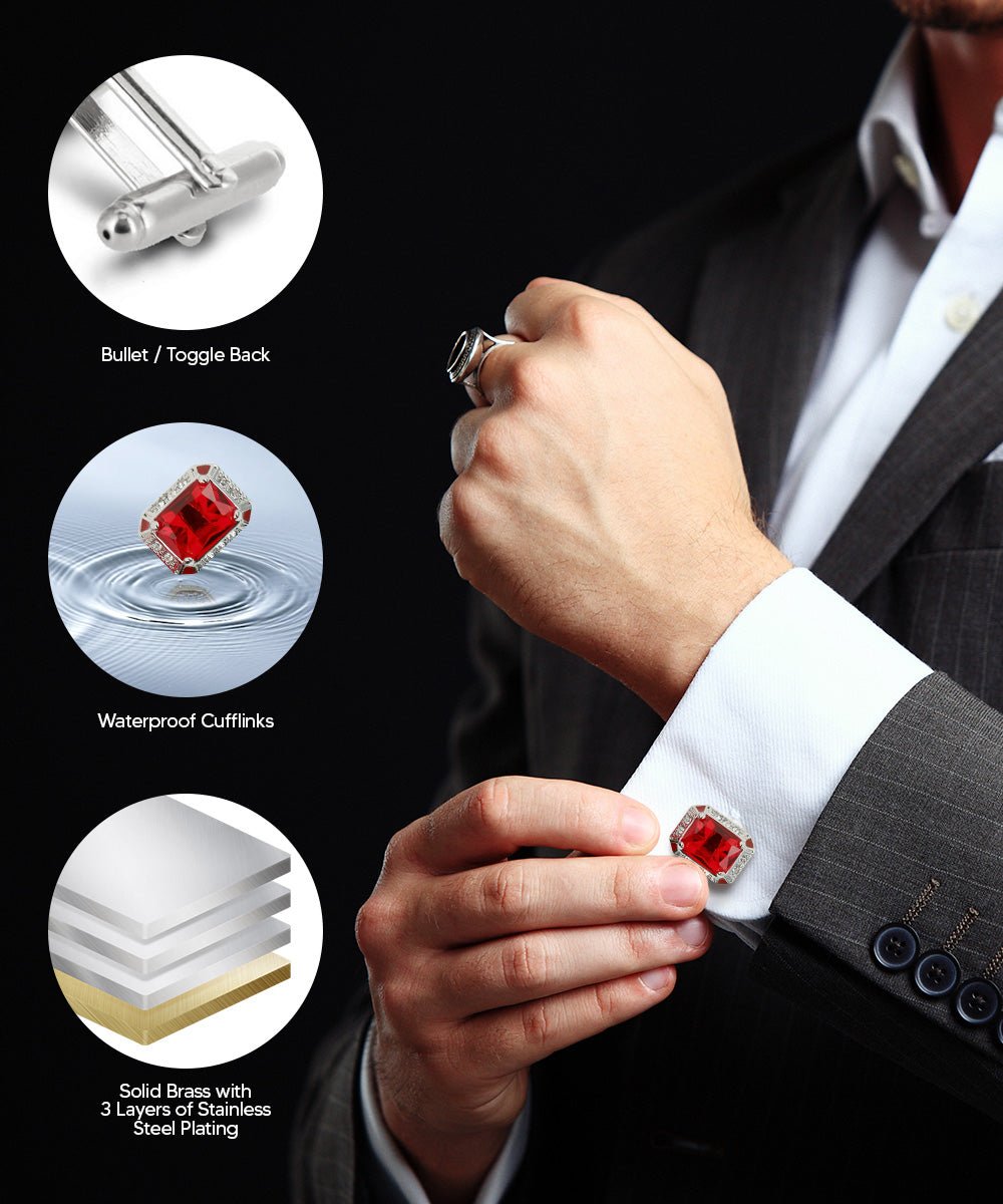 Vittorio Vico Large Big Rectangular Crystal Colorstone Cufflinks: CL73XX Series - Deep Red and Silver - Cufflinks - Vittorio Vico