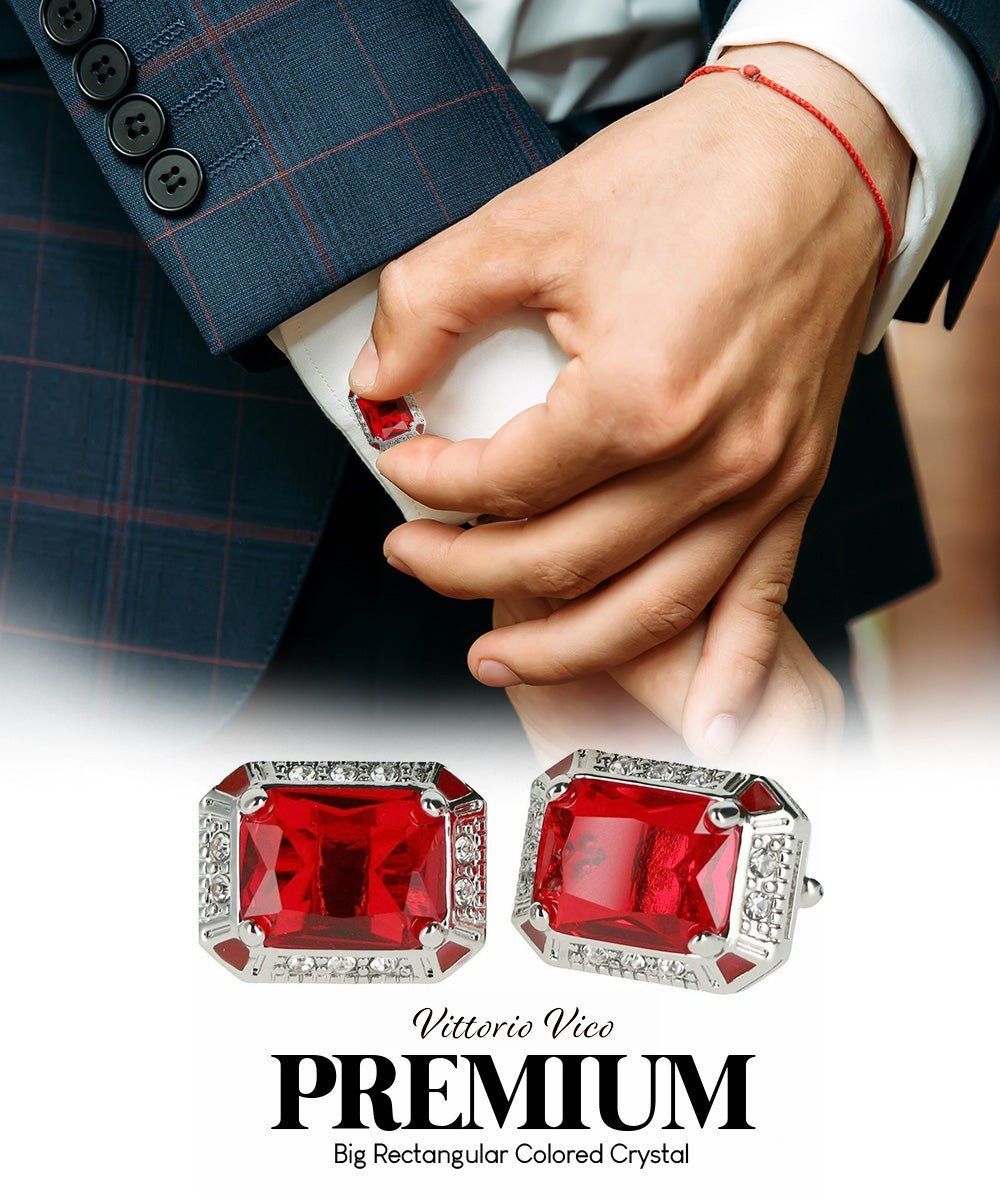 Vittorio Vico Large Big Rectangular Crystal Colorstone Cufflinks: CL73XX Series - Deep Red and Silver - Cufflinks - Vittorio Vico