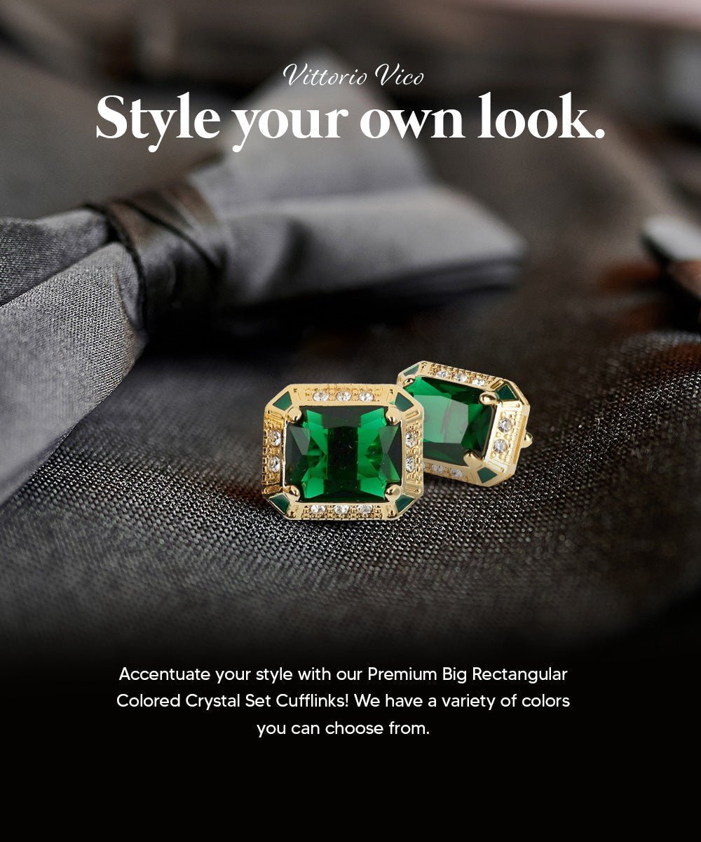 Vittorio Vico Large Big Rectangular Crystal Colorstone Cufflinks: CL73XX Series - Emerald Green and Gold - Cufflinks - Vittorio Vico