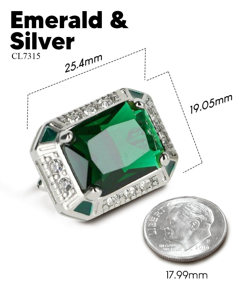 Vittorio Vico Large Big Rectangular Crystal Colorstone Cufflinks: CL73XX Series - Emerald Green and Silver - Cufflinks - Vittorio Vico