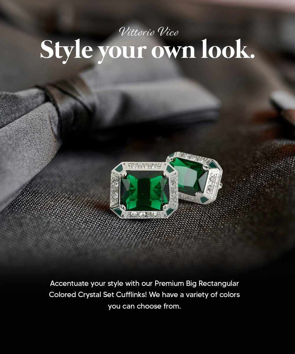Vittorio Vico Large Big Rectangular Crystal Colorstone Cufflinks: CL73XX Series - Emerald Green and Silver - Cufflinks - Vittorio Vico
