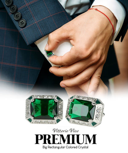 Vittorio Vico Large Big Rectangular Crystal Colorstone Cufflinks: CL73XX Series - Emerald Green and Silver - Cufflinks - Vittorio Vico
