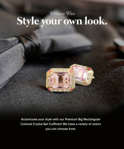 Vittorio Vico Large Big Rectangular Crystal Colorstone Cufflinks: CL73XX Series - Pink and Gold - Cufflinks - Vittorio Vico