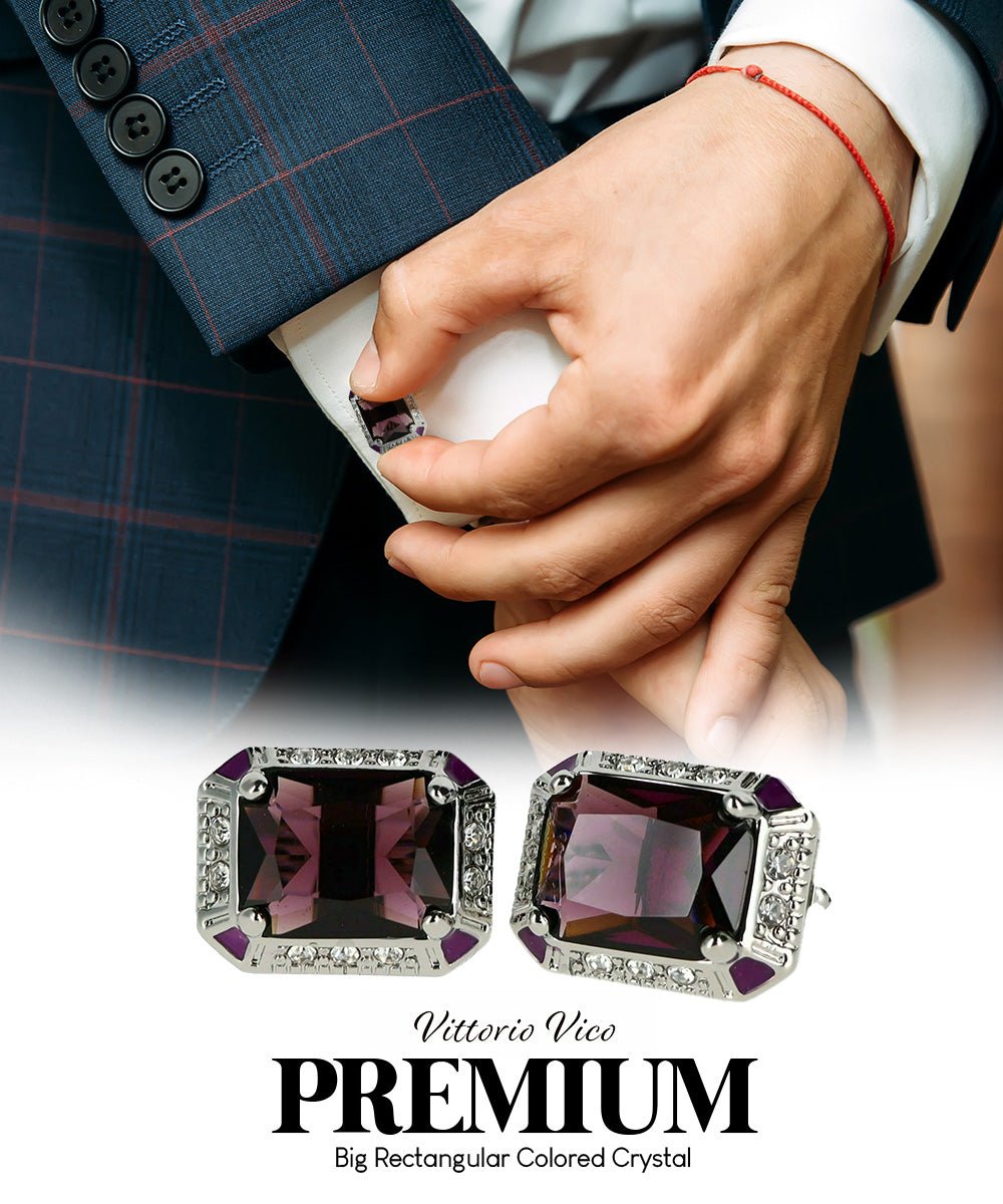 Vittorio Vico Large Big Rectangular Crystal Colorstone Cufflinks: CL73XX Series - Purple and Silver - Cufflinks - Vittorio Vico