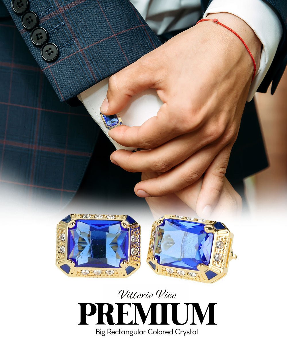 Vittorio Vico Large Big Rectangular Crystal Colorstone Cufflinks: CL73XX Series - Royal Blue and Gold - Cufflinks - Vittorio Vico