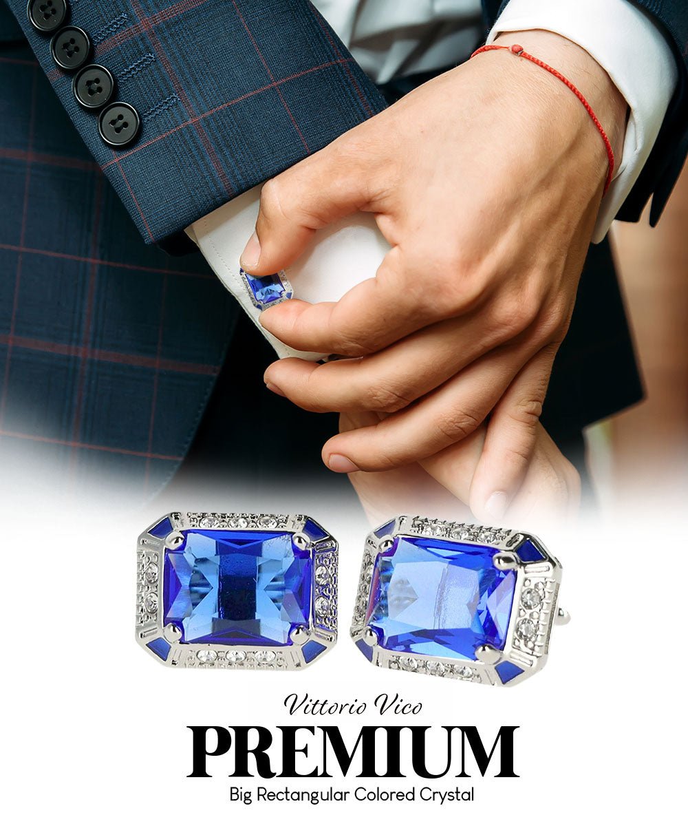 Vittorio Vico Large Big Rectangular Crystal Colorstone Cufflinks: CL73XX Series - Royal Blue and Silver - Cufflinks - Vittorio Vico