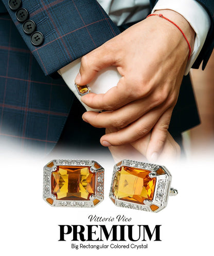 Vittorio Vico Large Big Rectangular Crystal Colorstone Cufflinks: CL73XX Series - Yellow and Silver - Cufflinks - Vittorio Vico
