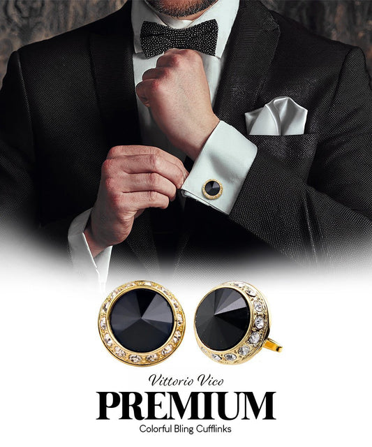 Vittorio Vico Large Bling Colorstone Cufflinks: CL15XX Series - Black and Gold - Cufflinks - Vittorio Vico