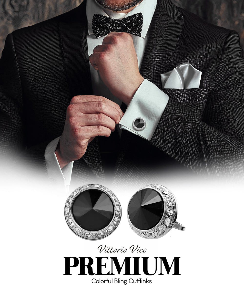 Vittorio Vico Large Bling Colorstone Cufflinks: CL15XX Series - Black and Silver - Cufflinks - Vittorio Vico