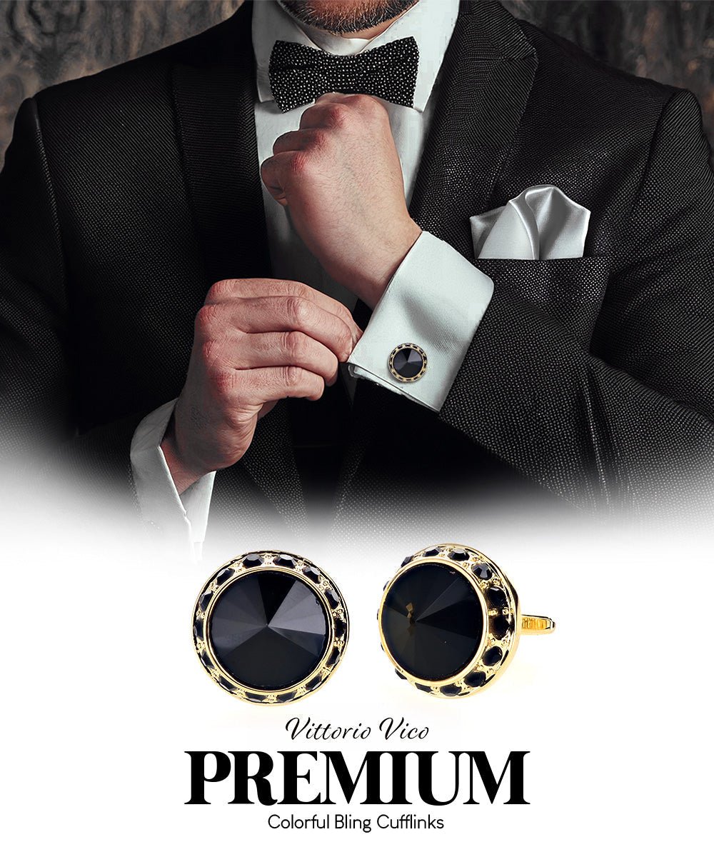 Vittorio Vico Large Bling Colorstone Cufflinks: CL15XX Series - Black, Black and Gold - Cufflinks - Vittorio Vico