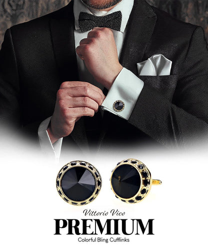 Vittorio Vico Large Bling Colorstone Cufflinks: CL15XX Series - Black, Black and Gold - Cufflinks - Vittorio Vico