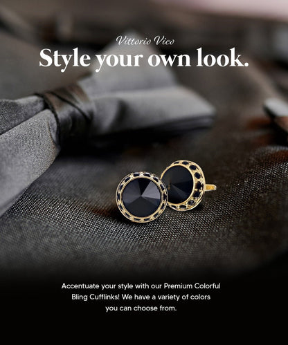Vittorio Vico Large Bling Colorstone Cufflinks: CL15XX Series - Black, Black and Gold - Cufflinks - Vittorio Vico