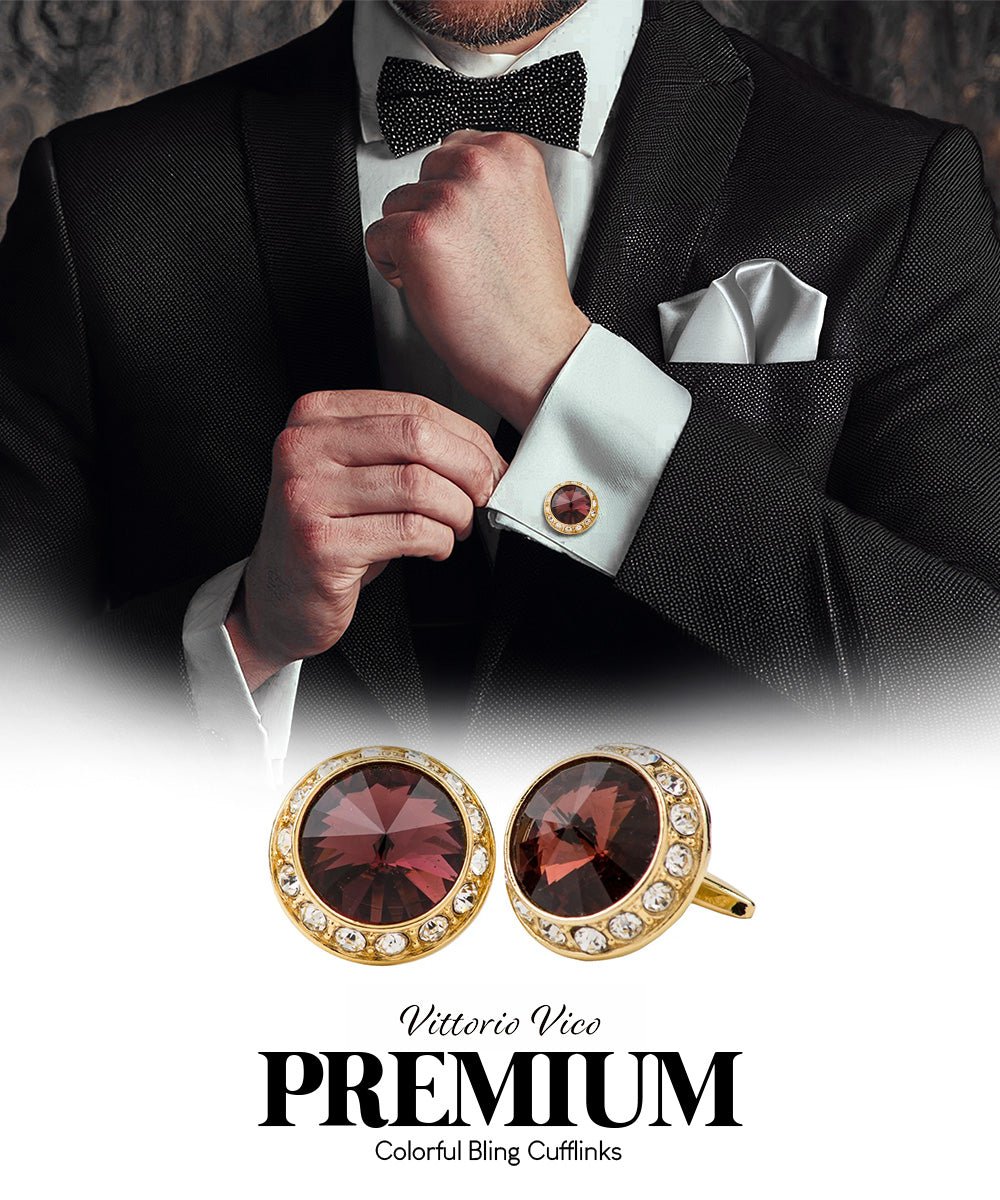 Vittorio Vico Large Bling Colorstone Cufflinks: CL15XX Series - Burgundy and Gold - Cufflinks - Vittorio Vico