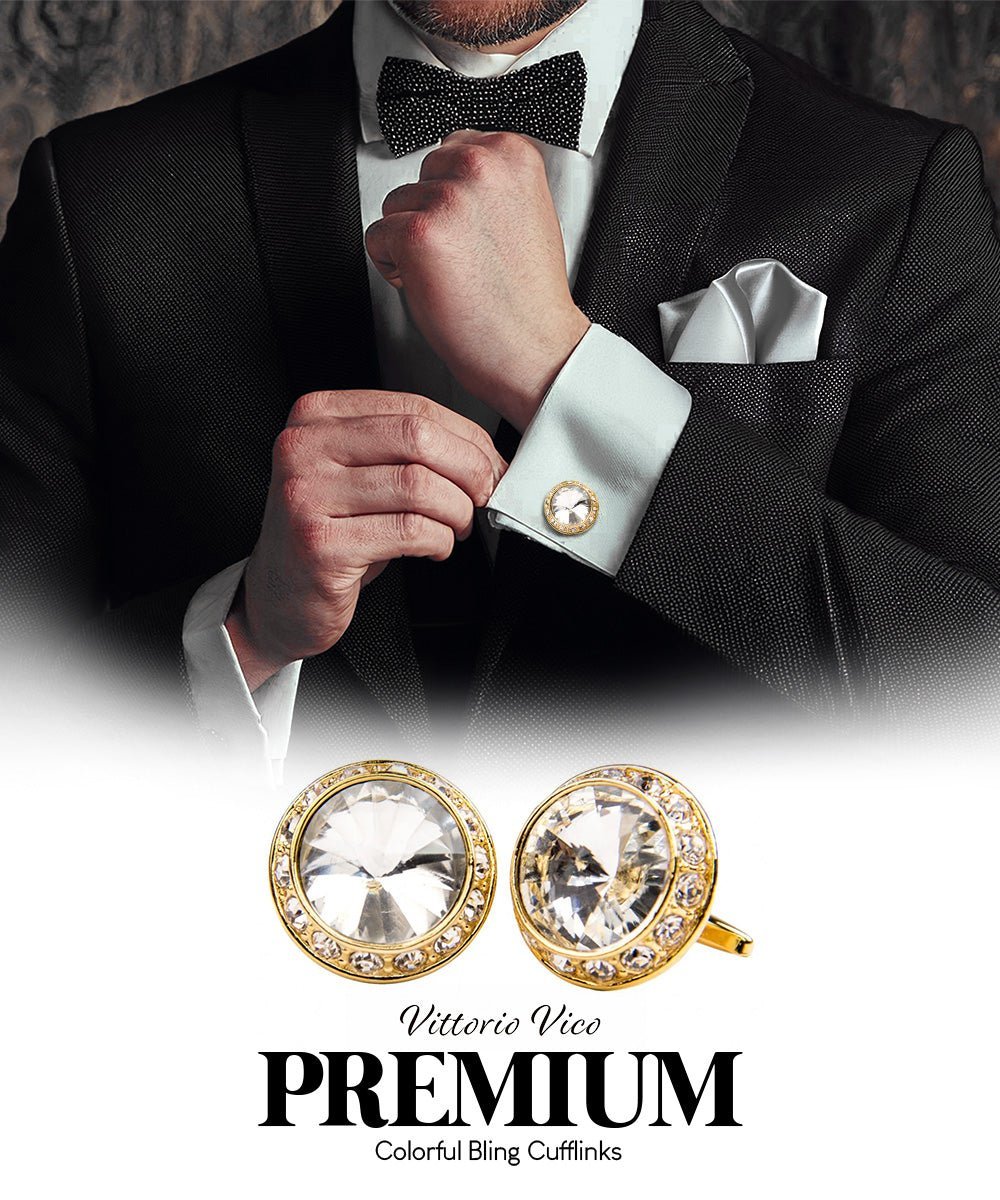 Vittorio Vico Large Bling Colorstone Cufflinks: CL15XX Series - Clear and Gold - Cufflinks - Vittorio Vico