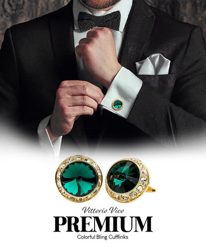 Vittorio Vico Large Bling Colorstone Cufflinks: CL15XX Series - Emerald Green and Gold - Cufflinks - Vittorio Vico