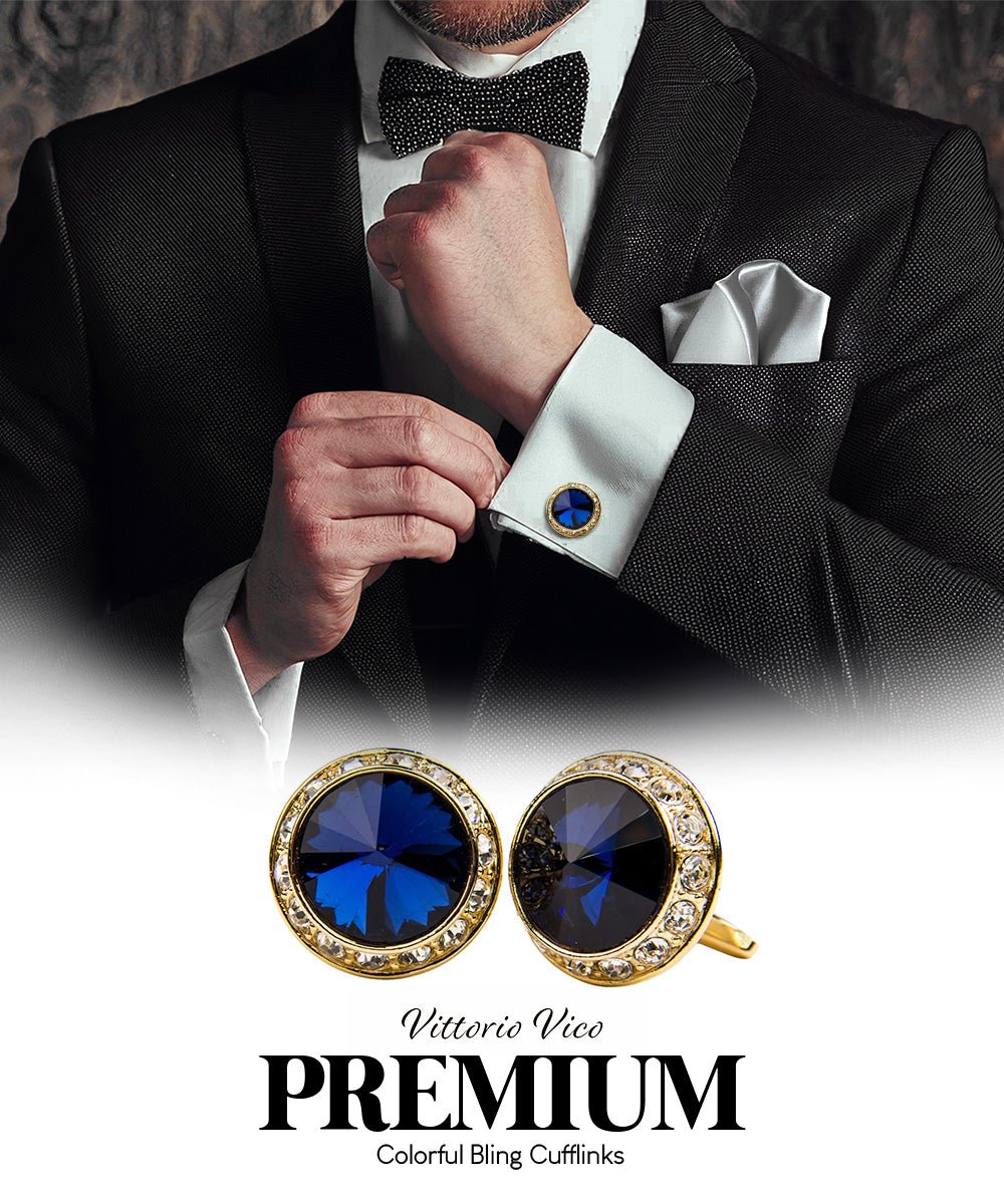 Vittorio Vico Large Bling Colorstone Cufflinks: CL15XX Series - Navy Blue and Gold - Cufflinks - Vittorio Vico