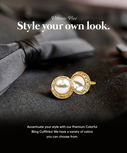 Vittorio Vico Large Bling Colorstone Cufflinks: CL15XX Series - Pearl and Gold - Cufflinks - Vittorio Vico
