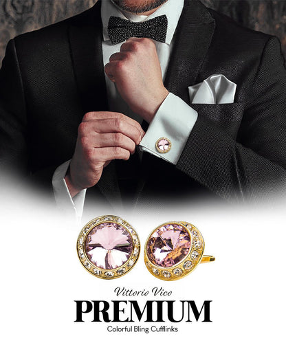 Vittorio Vico Large Bling Colorstone Cufflinks: CL15XX Series - Pink and Gold - Cufflinks - Vittorio Vico