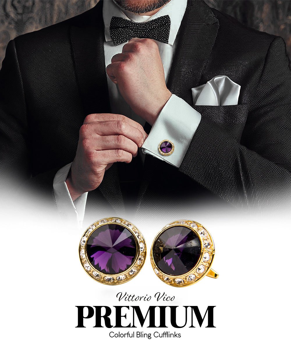 Vittorio Vico Large Bling Colorstone Cufflinks: CL15XX Series - Purple and Gold - Cufflinks - Vittorio Vico
