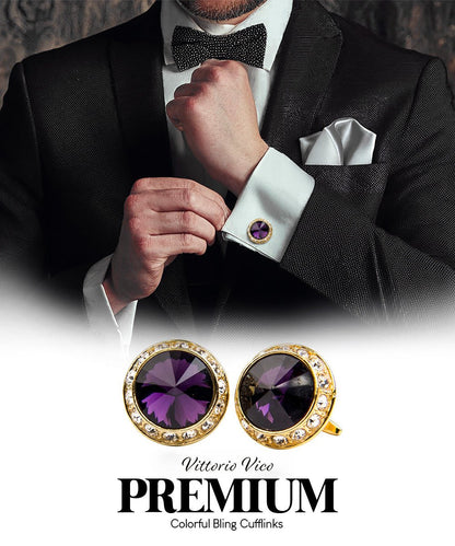Vittorio Vico Large Bling Colorstone Cufflinks: CL15XX Series - Purple and Gold - Cufflinks - Vittorio Vico