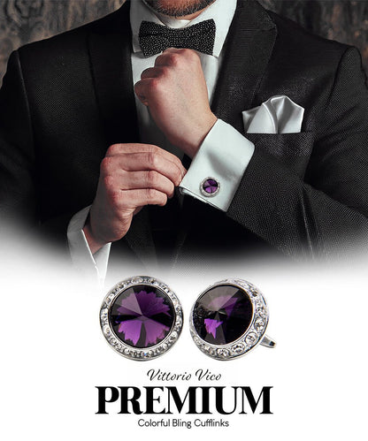 Vittorio Vico Large Bling Colorstone Cufflinks: CL15XX Series - Purple and Silver - Cufflinks - Vittorio Vico