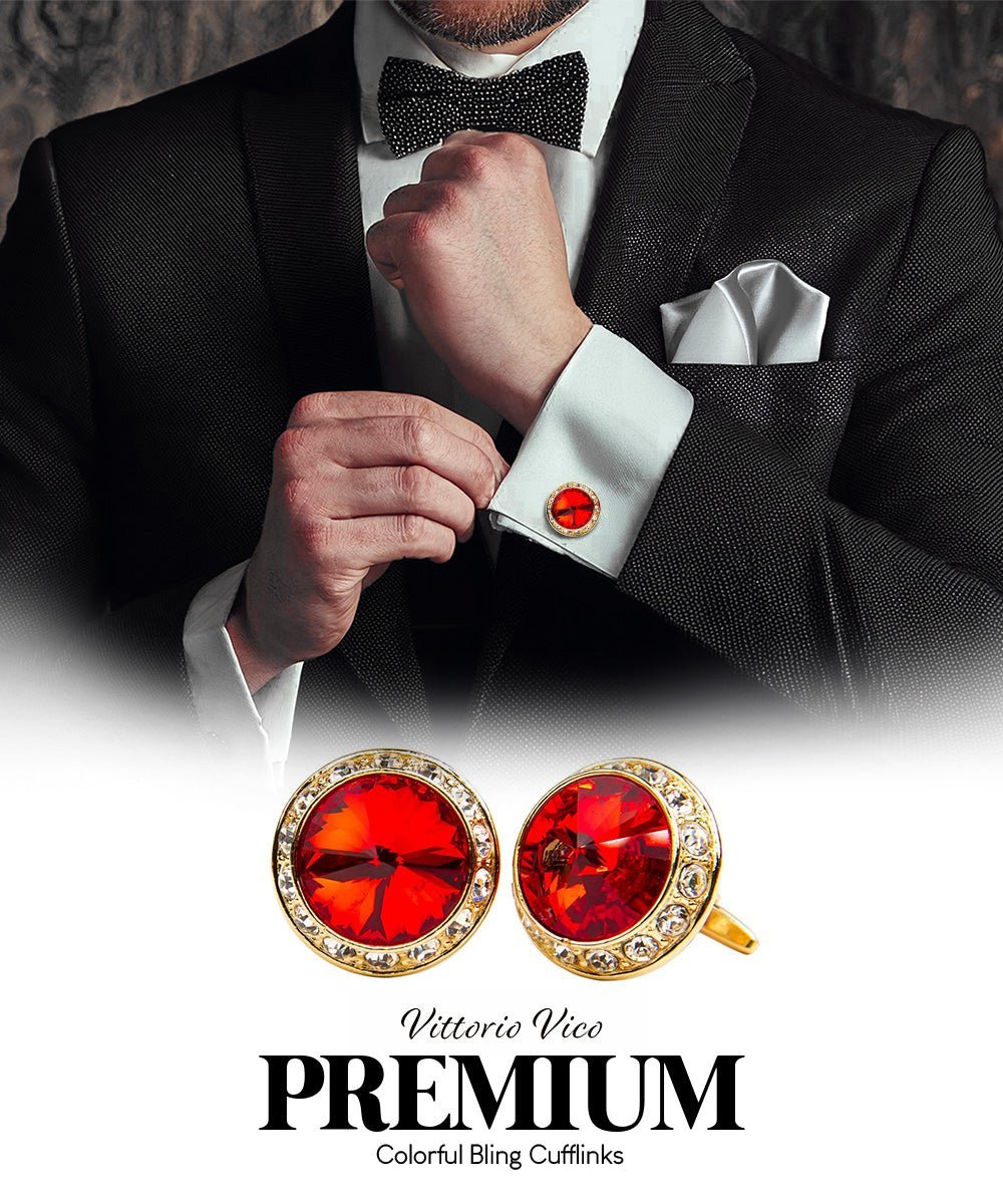 Vittorio Vico Large Bling Colorstone Cufflinks: CL15XX Series - Red and Gold - Cufflinks - Vittorio Vico