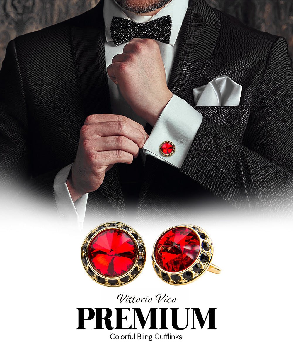 Vittorio Vico Large Bling Colorstone Cufflinks: CL15XX Series - Red, Black and Gold - Cufflinks - Vittorio Vico