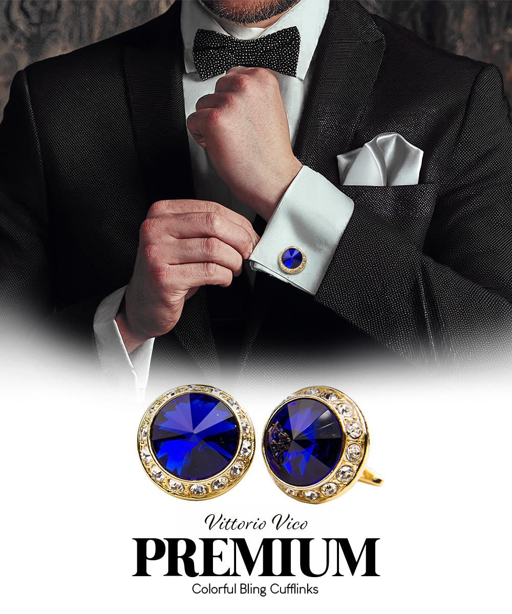 Vittorio Vico Large Bling Colorstone Cufflinks: CL15XX Series - Royal Blue and Gold - Cufflinks - Vittorio Vico