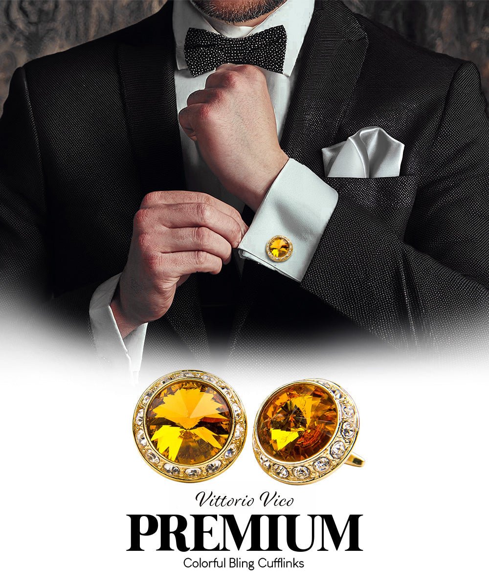 Vittorio Vico Large Bling Colorstone Cufflinks: CL15XX Series - Yellow and Gold - Cufflinks - Vittorio Vico