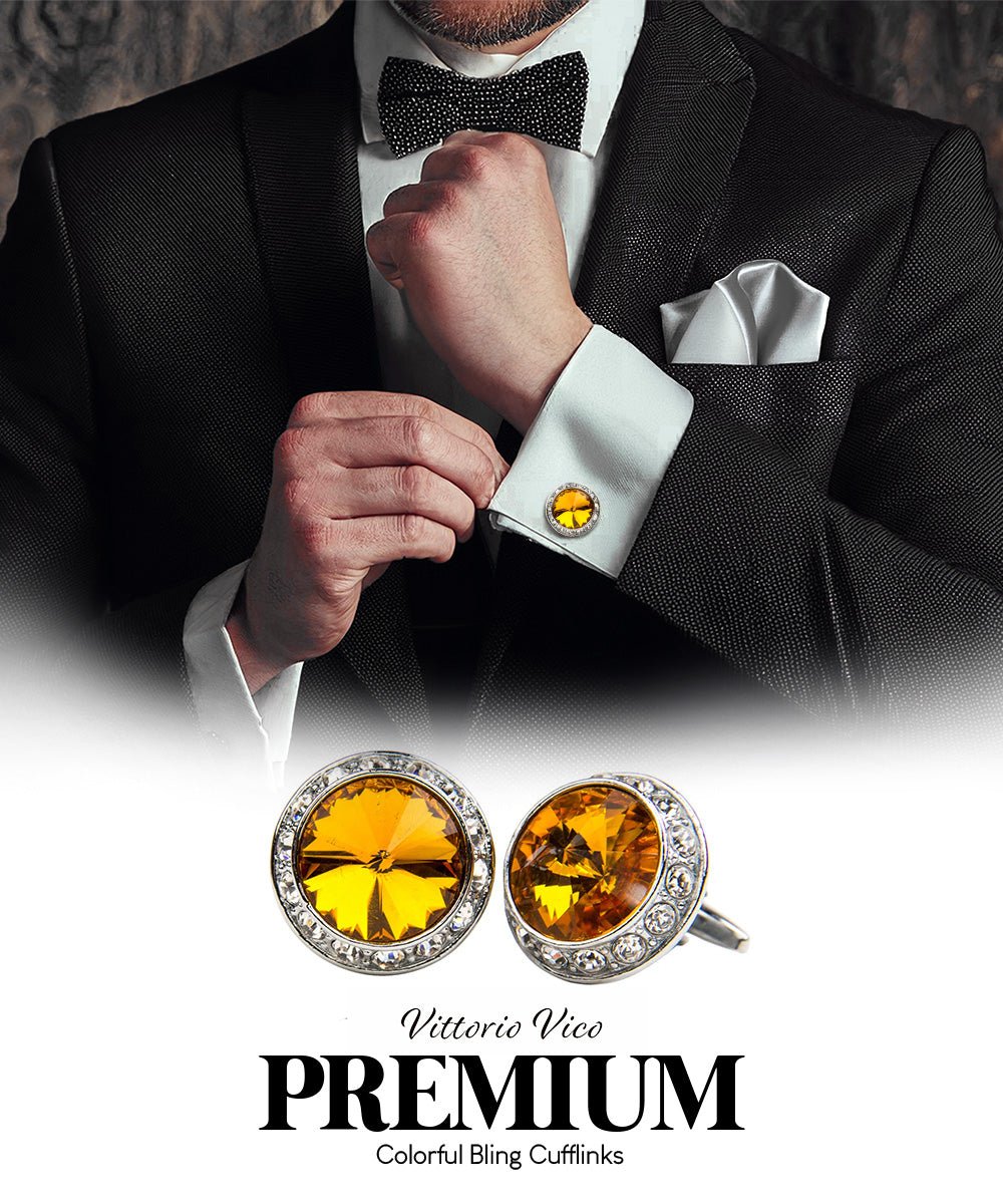 Vittorio Vico Large Bling Colorstone Cufflinks: CL15XX Series - Yellow and Silver - Cufflinks - Vittorio Vico