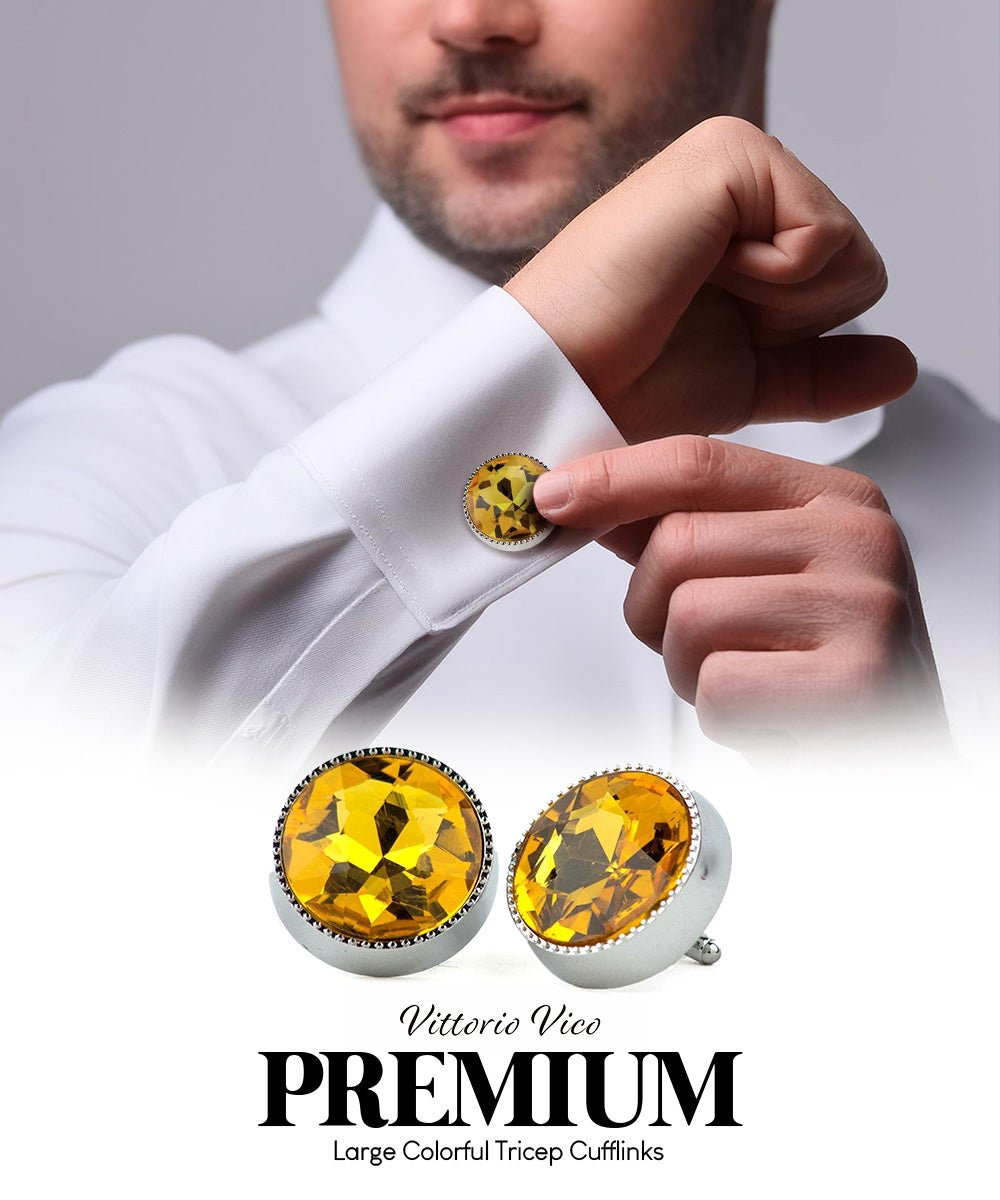 Vittorio Vico Large Colorful Tricep Colorstone Cufflinks: CL16XX Series - Yellow and Silver - Cufflinks - Vittorio Vico