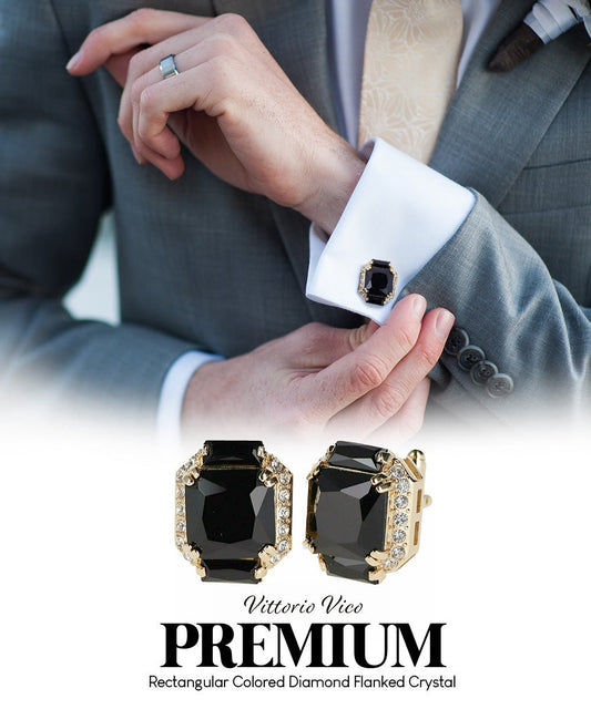 Vittorio Vico Large Rectangular Diamond Flanked Colorstone Crystal Cufflinks: CL 74XX Series - Black and Gold - Cufflinks - Vittorio Vico