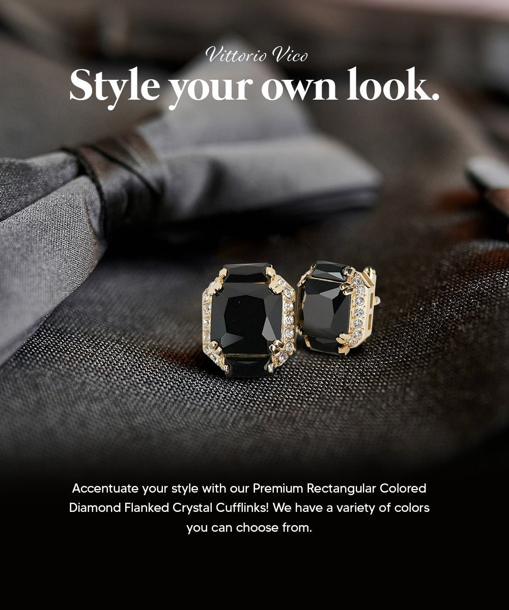 Vittorio Vico Large Rectangular Diamond Flanked Colorstone Crystal Cufflinks: CL 74XX Series - Black and Gold - Cufflinks - Vittorio Vico