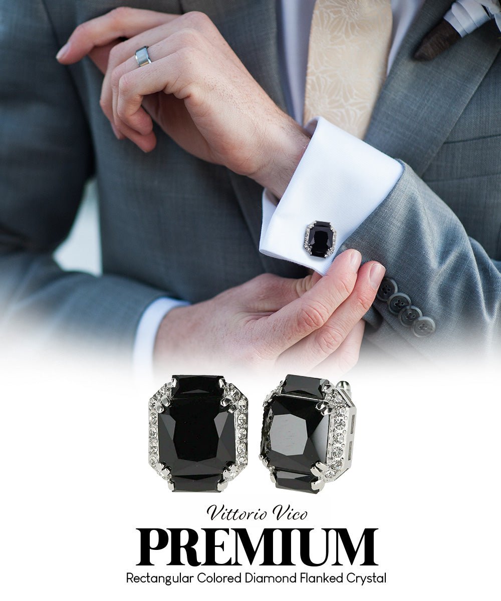 Vittorio Vico Large Rectangular Diamond Flanked Colorstone Crystal Cufflinks: CL 74XX Series - Black and Silver - Cufflinks - Vittorio Vico