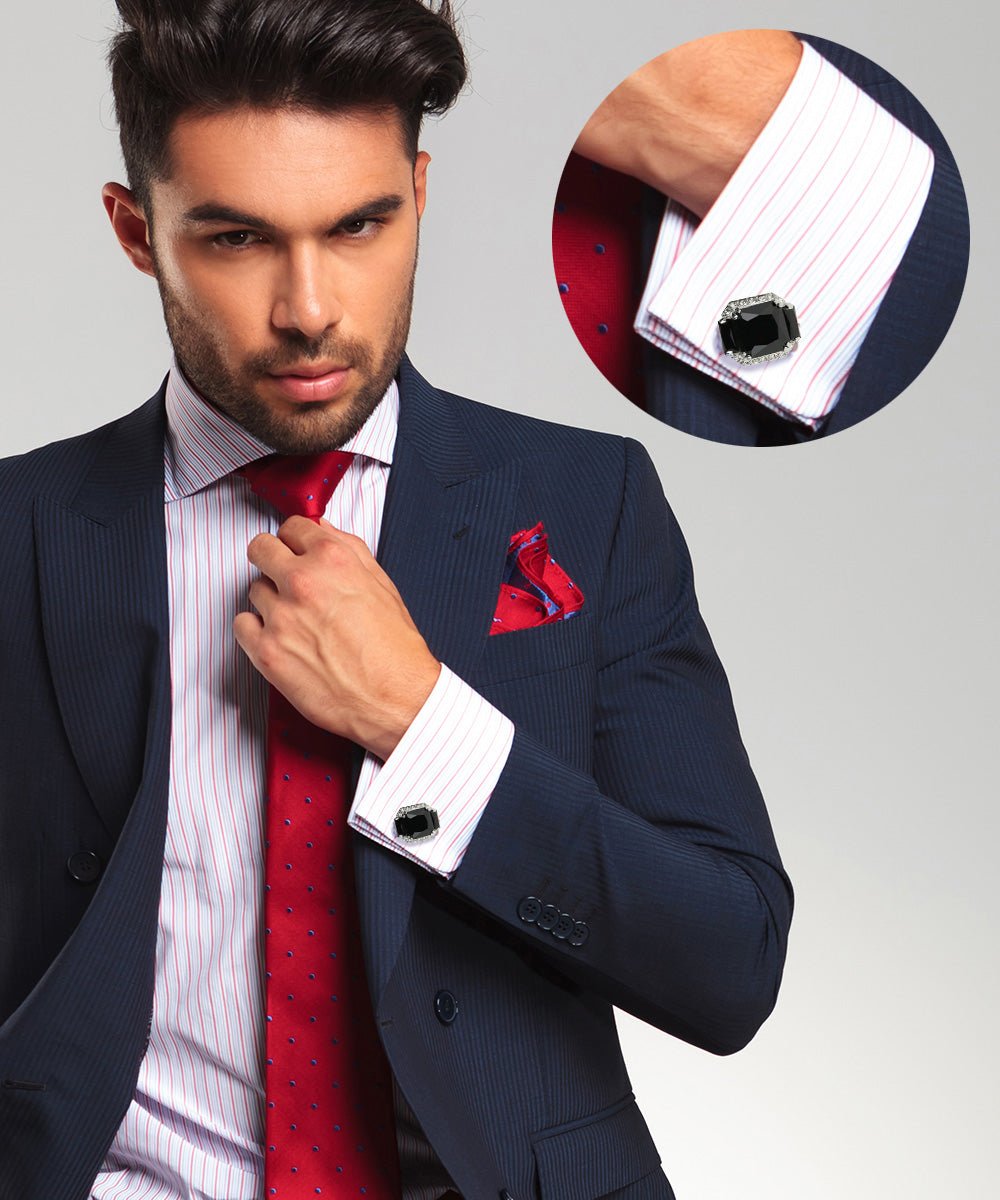 Vittorio Vico Large Rectangular Diamond Flanked Colorstone Crystal Cufflinks: CL 74XX Series - Black and Silver - Cufflinks - Vittorio Vico