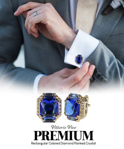 Vittorio Vico Large Rectangular Diamond Flanked Colorstone Crystal Cufflinks: CL 74XX Series - Blue and Gold - Cufflinks - Vittorio Vico