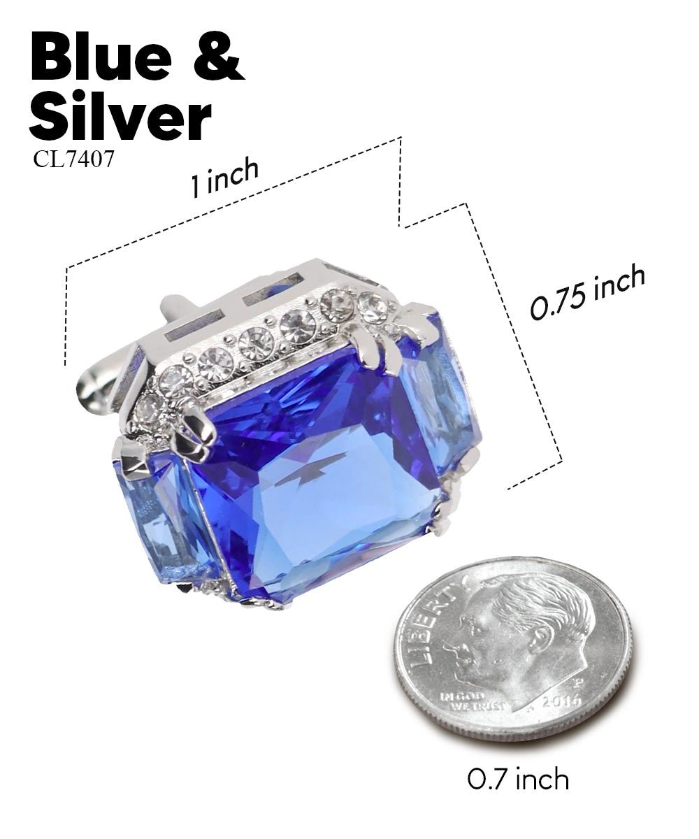 Vittorio Vico Large Rectangular Diamond Flanked Colorstone Crystal Cufflinks: CL 74XX Series - Blue and Silver - Cufflinks - Vittorio Vico