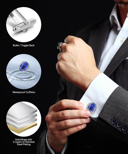 Vittorio Vico Large Rectangular Diamond Flanked Colorstone Crystal Cufflinks: CL 74XX Series - Blue and Silver - Cufflinks - Vittorio Vico