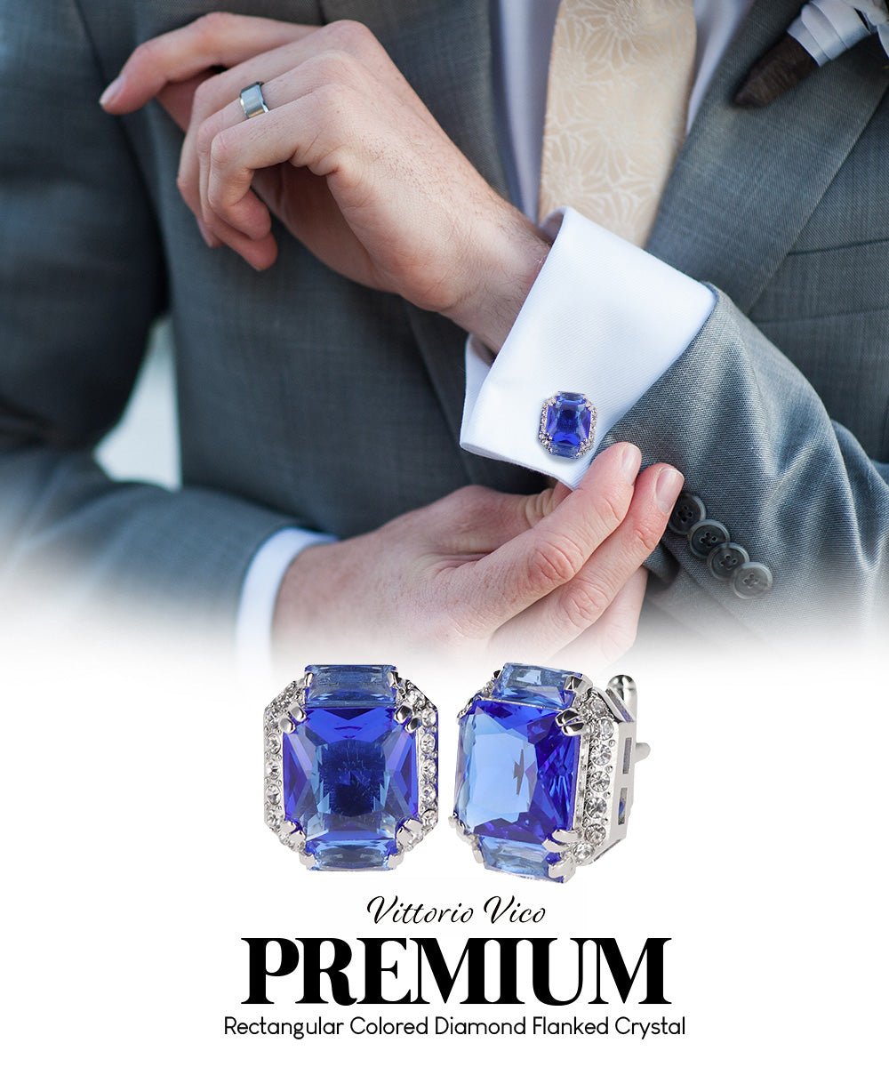 Vittorio Vico Large Rectangular Diamond Flanked Colorstone Crystal Cufflinks: CL 74XX Series - Blue and Silver - Cufflinks - Vittorio Vico