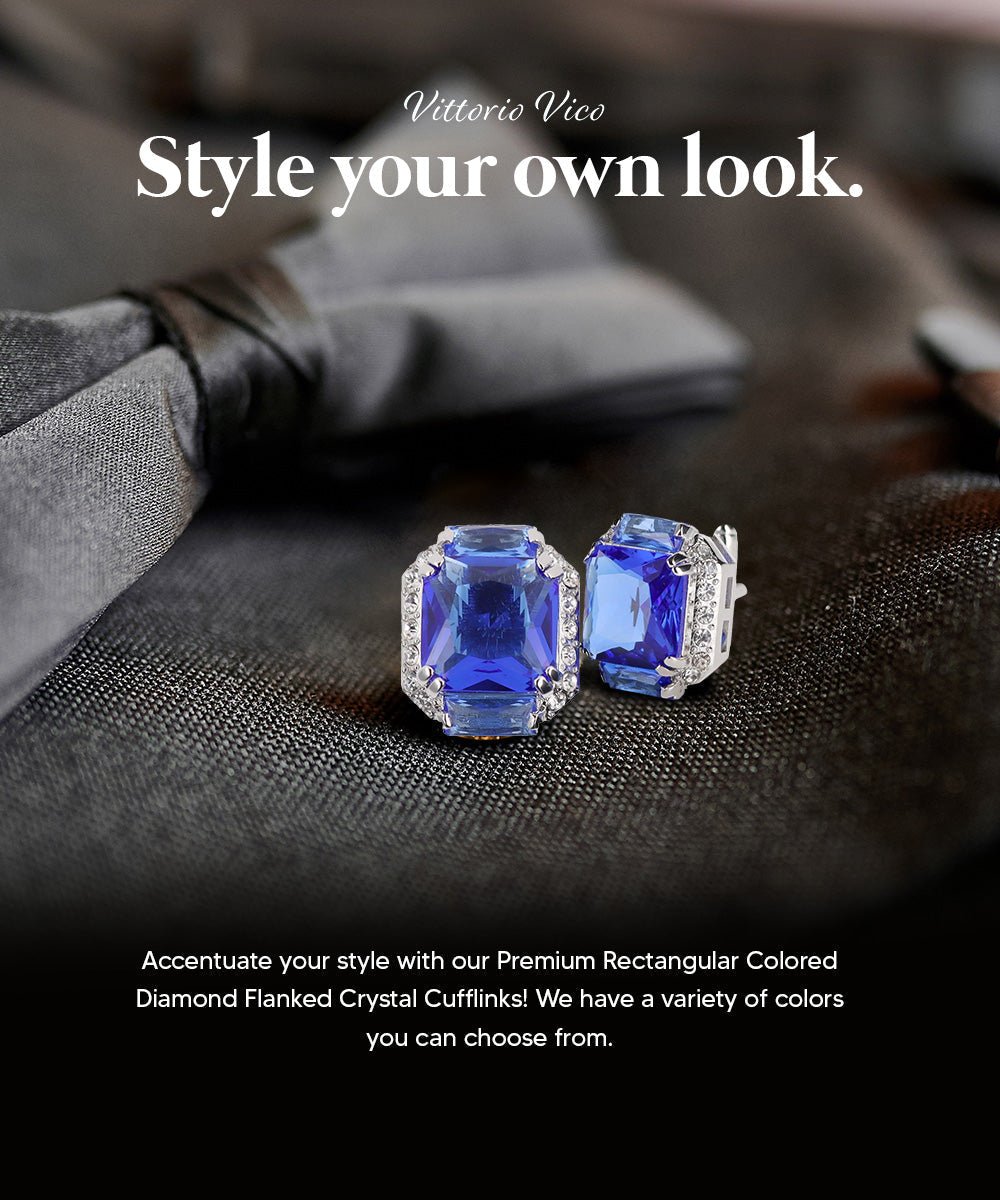 Vittorio Vico Large Rectangular Diamond Flanked Colorstone Crystal Cufflinks: CL 74XX Series - Blue and Silver - Cufflinks - Vittorio Vico