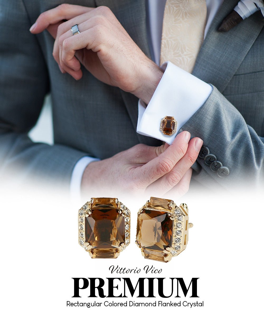 Vittorio Vico Large Rectangular Diamond Flanked Colorstone Crystal Cufflinks: CL 74XX Series - Brown and Gold - Cufflinks - Vittorio Vico