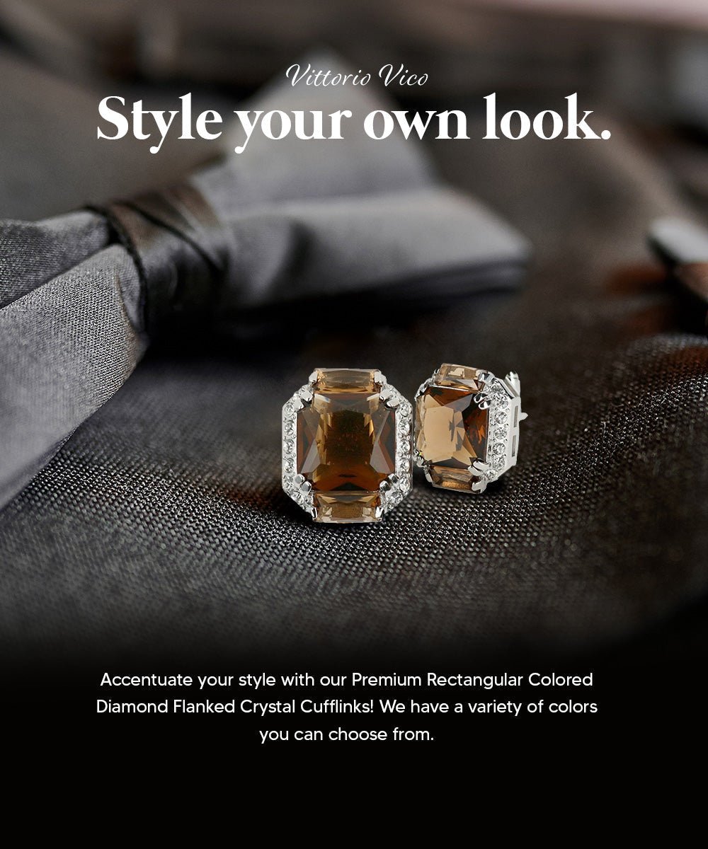 Vittorio Vico Large Rectangular Diamond Flanked Colorstone Crystal Cufflinks: CL 74XX Series - Brown and Silver - Cufflinks - Vittorio Vico