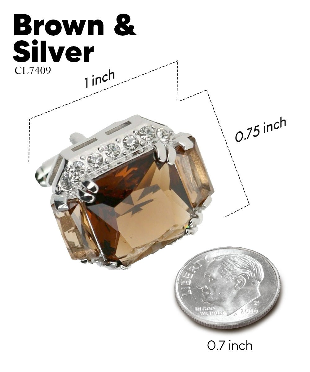 Vittorio Vico Large Rectangular Diamond Flanked Colorstone Crystal Cufflinks: CL 74XX Series - Brown and Silver - Cufflinks - Vittorio Vico