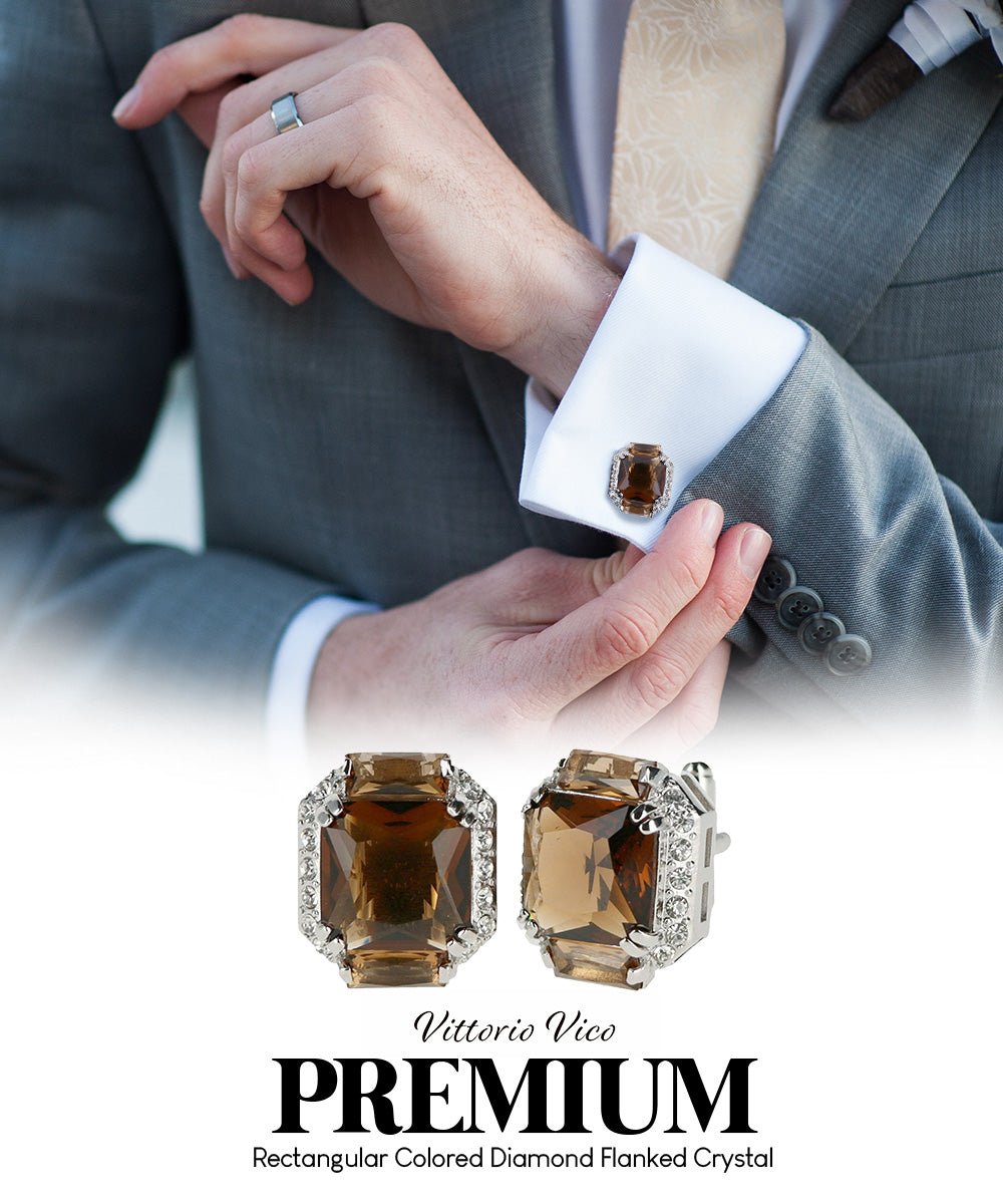 Vittorio Vico Large Rectangular Diamond Flanked Colorstone Crystal Cufflinks: CL 74XX Series - Brown and Silver - Cufflinks - Vittorio Vico