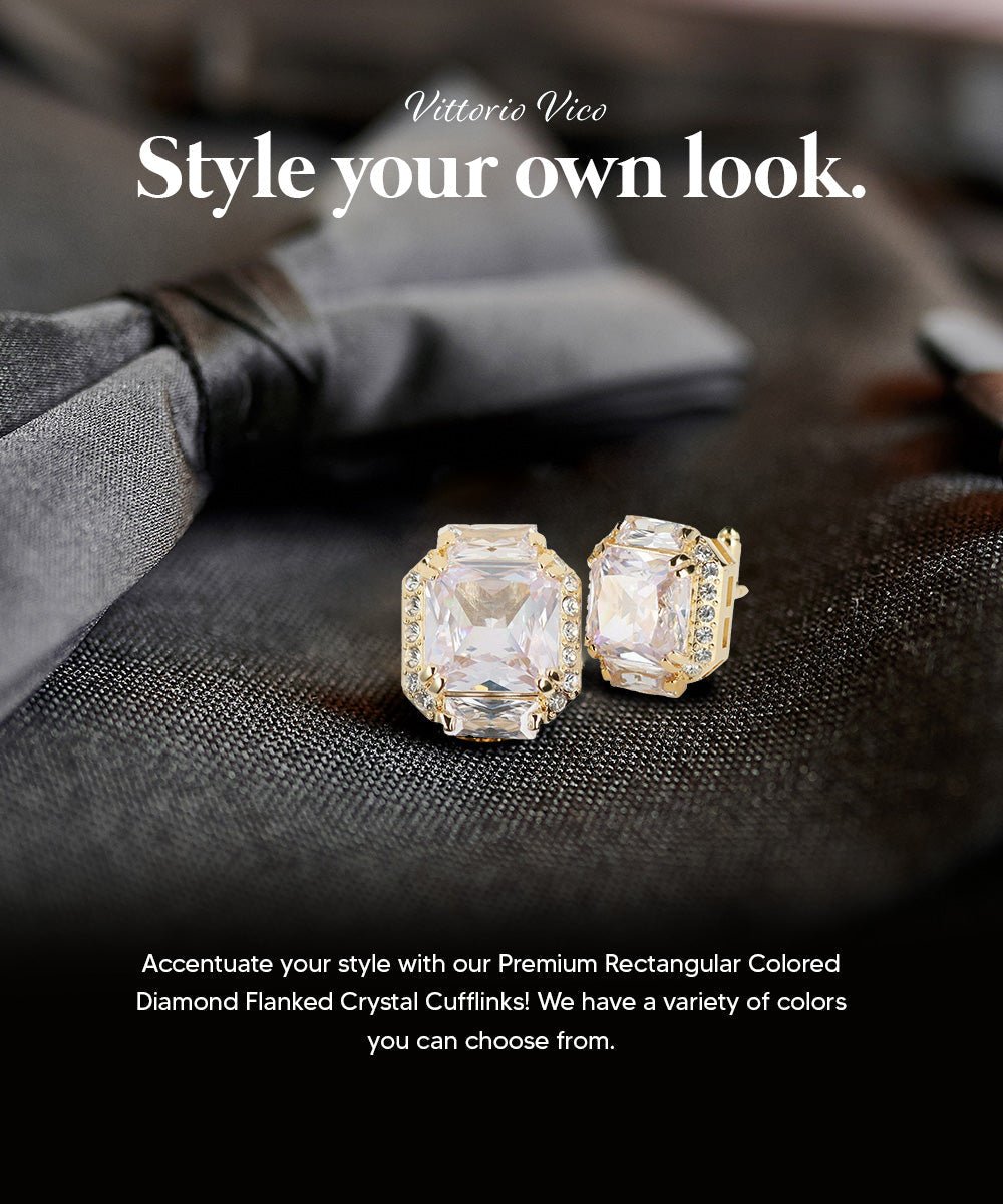 Vittorio Vico Large Rectangular Diamond Flanked Colorstone Crystal Cufflinks: CL 74XX Series - Clear and Gold - Cufflinks - Vittorio Vico