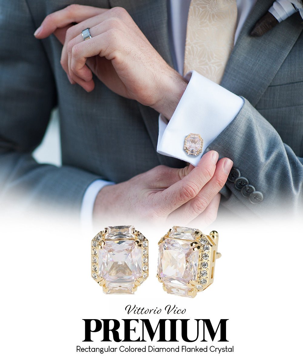 Vittorio Vico Large Rectangular Diamond Flanked Colorstone Crystal Cufflinks: CL 74XX Series - Clear and Gold - Cufflinks - Vittorio Vico